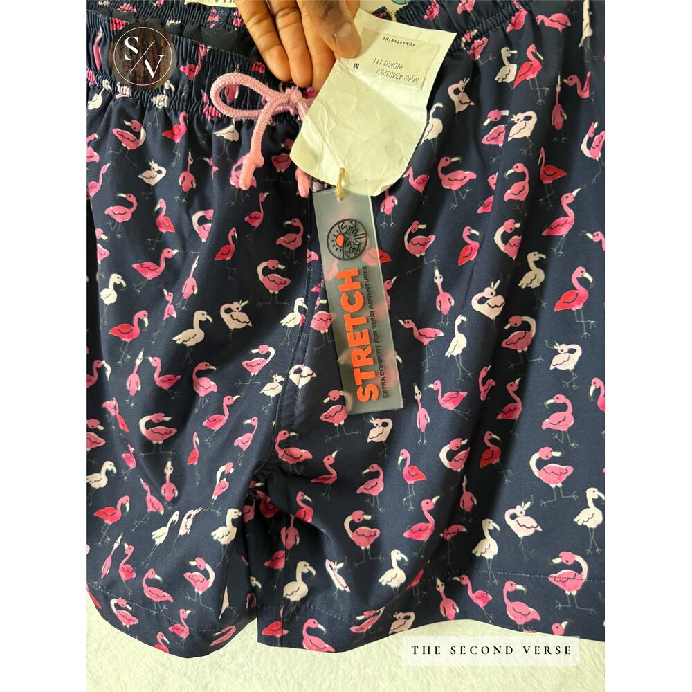 Sunset x‎ Vine Swim Trunks Mens Flamingo Print Mesh Lining Navy Blue Medium - Picture 7 of 10